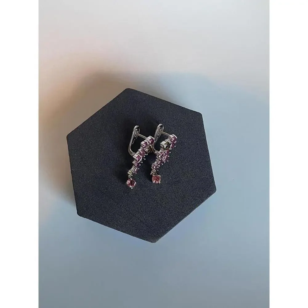SOLD 925 Sterling Silver Earrings Round Tourmaline Rhodolite Garnet Gemstone - Picture 5 of 8